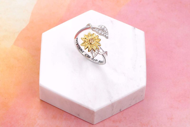 DAOCHONG Sterling Silver You are My Sunshine Sunflower CZ Heart Ring Adjustable Size 8 - Image 5